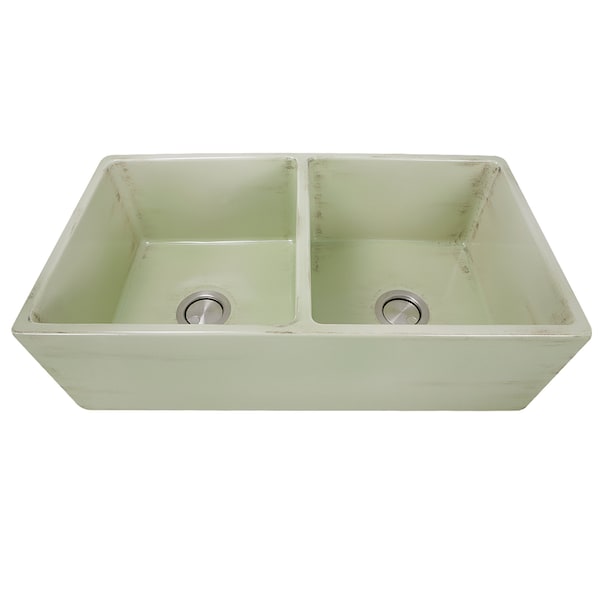 Nantucket Sinks Double Bowl Farmhouse Fireclay Sink with Shabby Green Finish FCFS3318D-ShabbyGreen - main